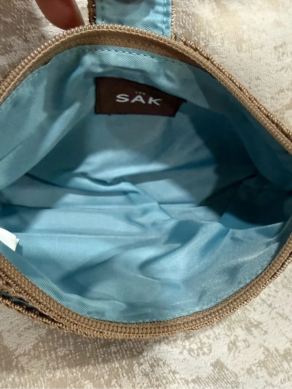 The Sak Brown Tan Wristlet Nylon Clutch Blue Lined Silver Hardware Crochet Strap